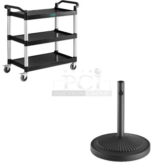 3 BRAND NEW SCRATCH AND DENT! Items; 2 Choice 109CARTBLGBK Black Utility / Bussing Cart with Three Shelves - 42" x 20" and Lancaster Table & Seating 427BASECNR50 50 lb. Black Round Concrete Umbrella Base. 3 Times Your Bid! May Be Missing Pieces. 