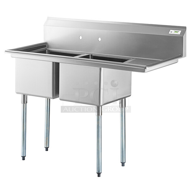 BRAND NEW SCRATCH AND DENT! Regency 600S2171718R 57" 16 Gauge Stainless Steel Two Compartment Commercial Sink with Galvanized Steel Legs and 1 Drainboard - 17" x 17" x 12" Bowls - Image 1 of 9