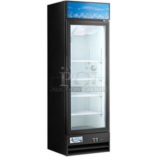 BRAND NEW SCRATCH AND DENT! 2023 Avantco 178GDC15HCB Metal Commercial Single Door Reach In Cooler Merchandiser w/ Poly Coated Racks. 115 Volts, 1 Phase. Tested and Powers On But Does Not Get Cold