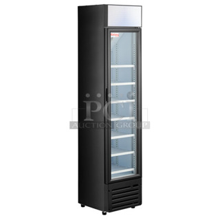 BRAND NEW IN BOX! Galaxy 177GDN5RBB Metal Commercial Single Door Reach In Cooler Merchandiser w/ Poly Coated Racks and LED Lighting. 110-120 Volts, 1 Phase.