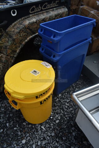 4 BRAND NEW SCRATCH AND DENT! 2 Lavex Yellow Poly Trash Cans w/ Lid and 2 Rubbermaid Blue Poly Slim Jim Trash Cans. 4 Times Your Bid! 
