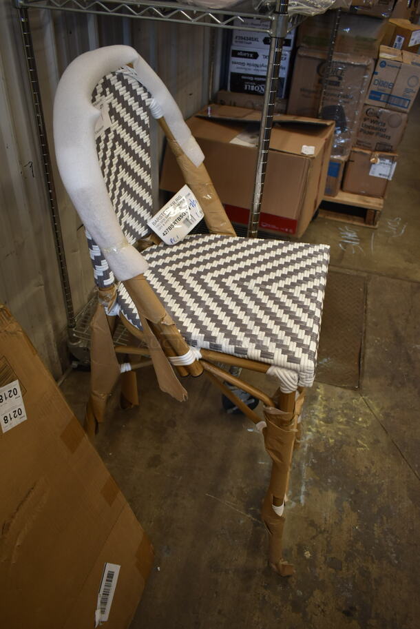 BRAND NEW SCRATCH AND DENT! Lancaster Table & Seating 427BSRTBSGYW Bistro Series Gray and White Chevron Weave Rattan Outdoor Side Barstool - Image 3 of 5