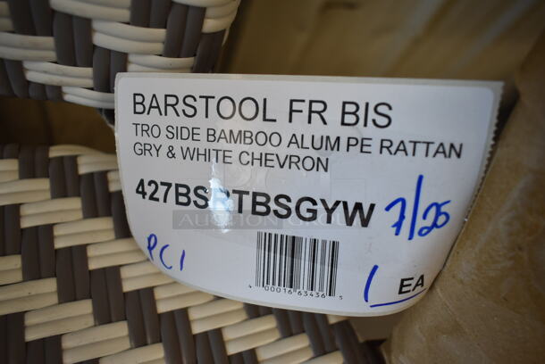 BRAND NEW SCRATCH AND DENT! Lancaster Table & Seating 427BSRTBSGYW Bistro Series Gray and White Chevron Weave Rattan Outdoor Side Barstool - Image 5 of 5