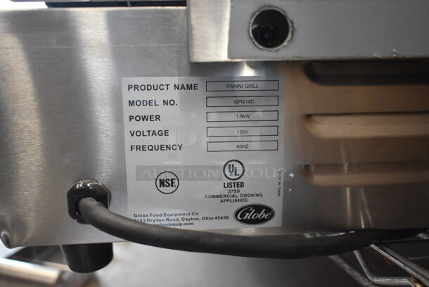 BRAND NEW SCRATCH AND DENT! Globe GPG14D Stainless Steel Commercial Countertop Panini Press. 120 Volts, 1 Phase. Tested and Working! - Image 5 of 5