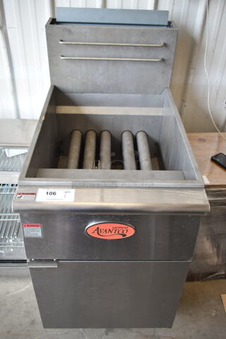 LIKE NEW! 2023 Avantco 177FF100N Stainless Steel Commercial Floor Style Natural Gas Powered 70-100 Pound Deep Fat Fryer. 150,000 BTU. 