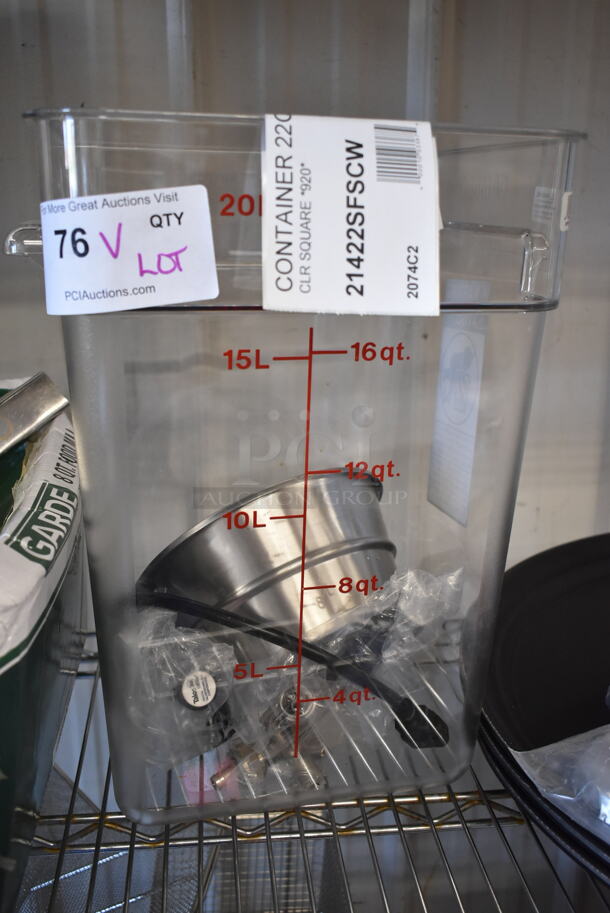 BRAND NEW SCRATCH AND DENT! Lot of Various Items Including 21422SFSCW Cambro CamSquares® Classic 22 Qt. Clear Square Polycarbonate Food Storage Container, Stainless Steel Brew Basket - Image 1 of 4