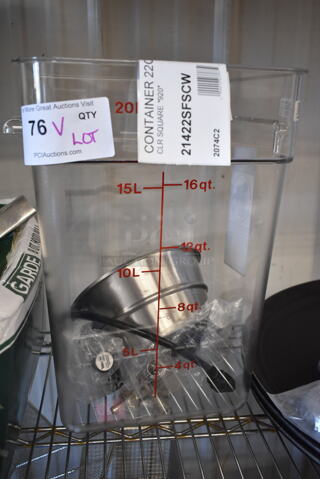 BRAND NEW SCRATCH AND DENT! Lot of Various Items Including 21422SFSCW Cambro CamSquares® Classic 22 Qt. Clear Square Polycarbonate Food Storage Container, Stainless Steel Brew Basket