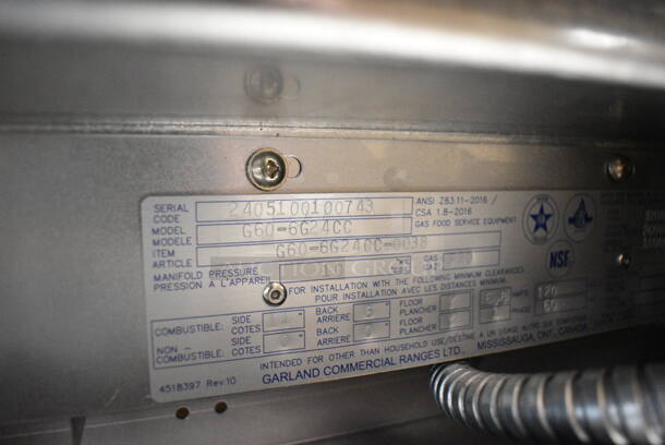 BRAND NEW SCRATCH AND DENT! 2024 Garland G60-6G24CC Stainless Steel Commercial Liquid Propane 6 Burner 60" Range with 24" Griddle and 2 CONVECTION Ovens. 310,000 BTU - Image 7 of 7