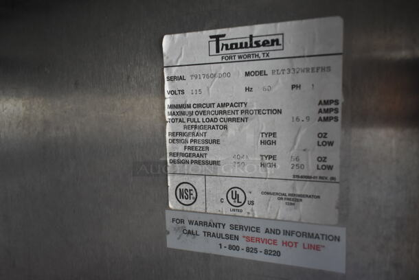 Traulsen RLT332WREFHS Stainless Steel Commercial 3 Door Reach In Cooler. 115 Volts, 1 Phase. Tested and Powers On But Does Not Get Cold. Appears to Have Piercing Valve - Image 3 of 4