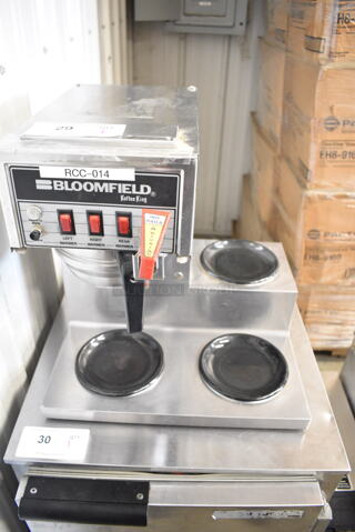 Bloomfield 8572 Stainless Steel Commercial Countertop 3 Burner Coffee Machine w/ Hot Water Dispenser and Metal Brew Basket. 120 Volts, 1 Phase. 