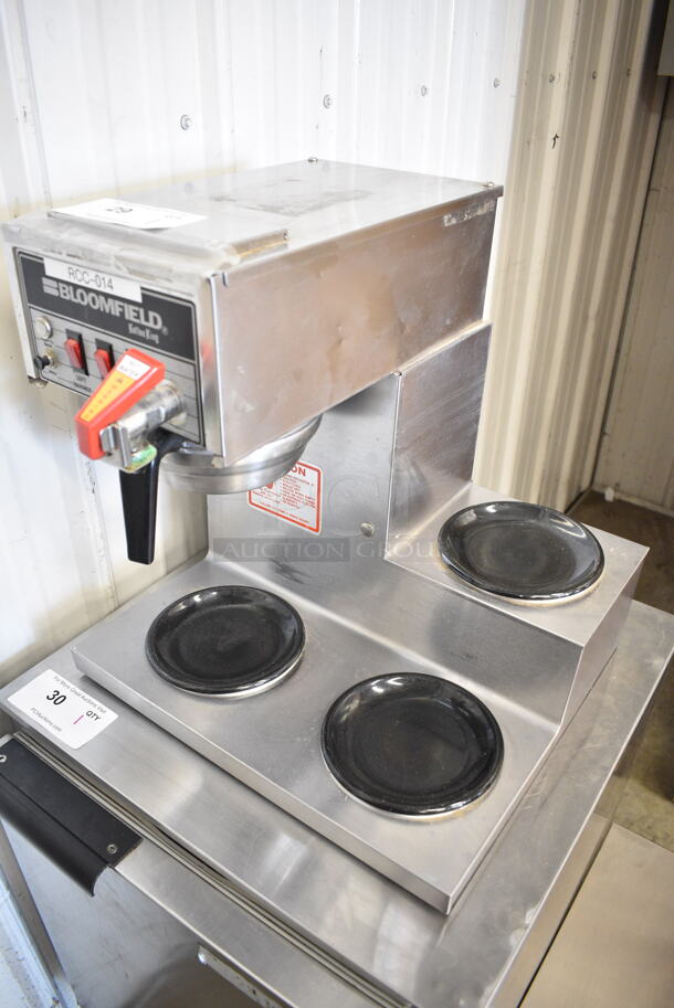Bloomfield 8572 Stainless Steel Commercial Countertop 3 Burner Coffee Machine w/ Hot Water Dispenser and Metal Brew Basket. 120 Volts, 1 Phase.  - Image 2 of 6