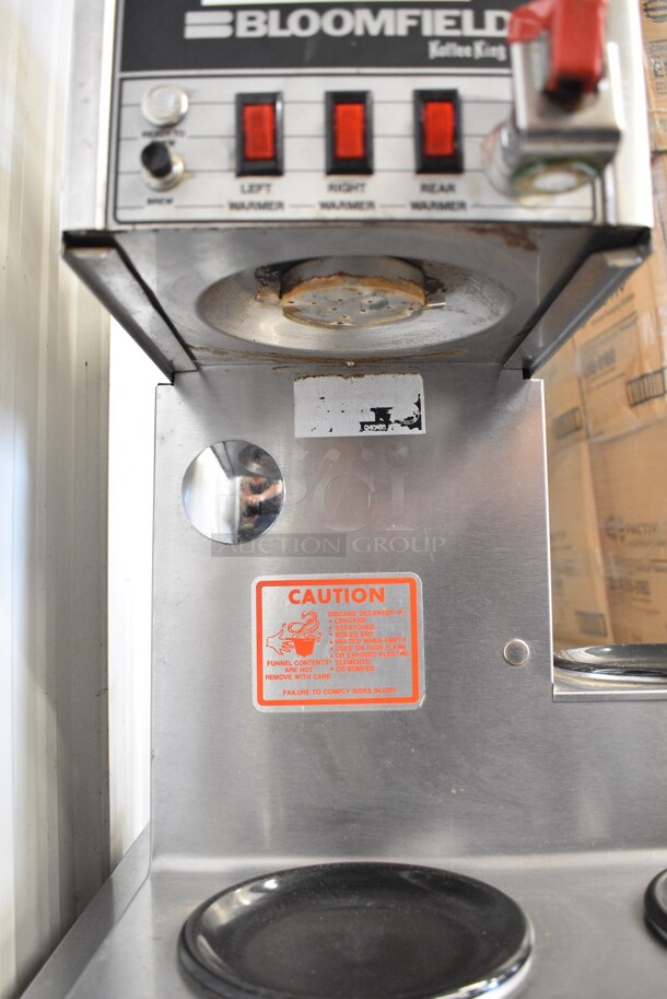 Bloomfield 8572 Stainless Steel Commercial Countertop 3 Burner Coffee Machine w/ Hot Water Dispenser and Metal Brew Basket. 120 Volts, 1 Phase.  - Image 4 of 6
