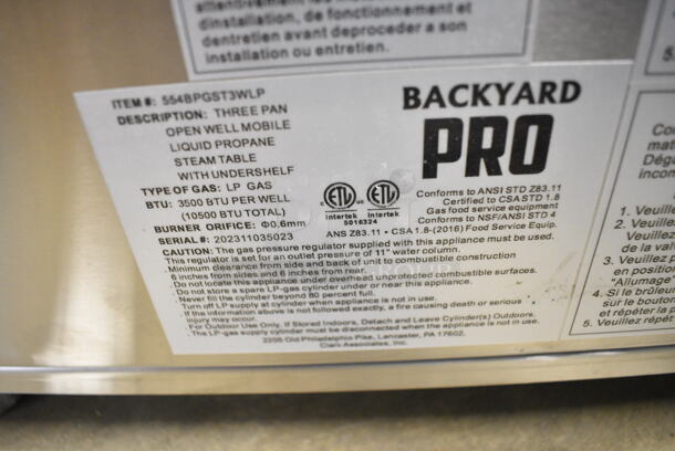 BRAND NEW SCRATCH AND DENT! Backyard Pro 554BPGST3WLP Stainless Steel Commercial Three Pan Open Well Mobile Liquid Propane Outdoor Steam Table with Undershelf. 10,500 BTU - Image 3 of 7