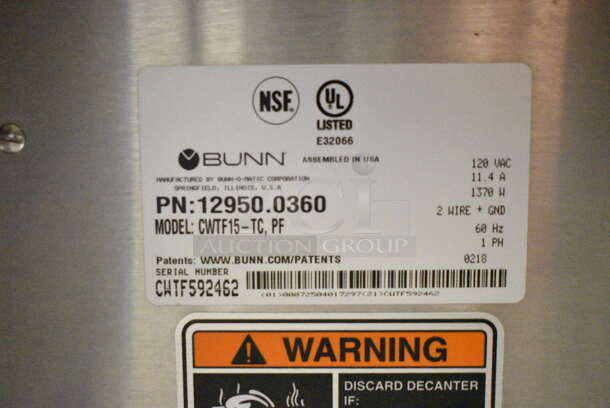 2018 Bunn CWTF15-TC Stainless Steel Commercial Countertop Coffee Machine w/ Hot Water Dispenser. 120 Volts, 1 Phase.  - Image 4 of 4