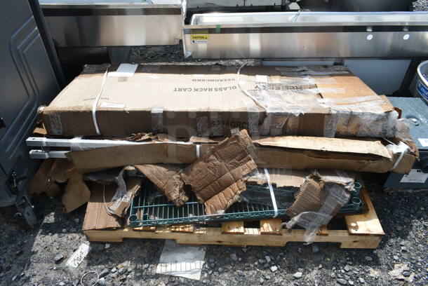 3 BRAND NEW SCRATCH AND DENT! Items; 522AGRC8KD Steelton 8 Shelf Aluminum Glass Rack Cart with 8" Spacing, 600PR125K Regency 12 Pan End Load Bun / Sheet Pan Rack - Unassembled and Regency 460EG2136 21" x 36" NSF Green Epoxy Wire Shelf. 3 Times Your Bid! - Image 2 of 5