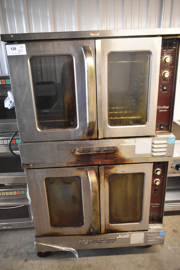 2 Southbend SLGS/22SC SilverStar ENERGY STAR Stainless Steel Commercial Natural Gas Powered Full Size Convection Oven w/ View Through Doors, Metal Oven Rack and Thermostatic Controls on Commercial Casters. 2 Times Your Bid!  - Image 1 of 4