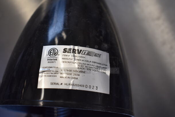 BRAND NEW SCRATCH AND DENT! ServIt 423HLR45BK Retractable Cord Ceiling Mount Heat Lamp with Modern Black Finish Round Cone Shade. 120 Volts, 1 Phase.  - Image 5 of 5