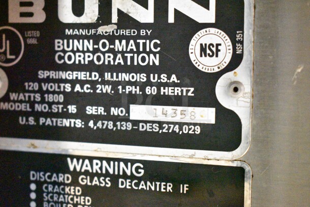 Bunn ST-15 Stainless Steel Commercial Countertop 3 Burner Coffee Machine w/ Poly Brew Basket. 120 Volts, 1 Phase.  - Image 6 of 6