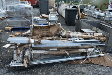 PALLET LOT of 11 BRAND NEW SCRATCH AND DENT Items Including 600PS1536 Regency 15" x 36" Stainless Steel Wall Mounted Pot Rack with Shelf and 18 Galvanized Hooks, 600WS1896HD Regency 16 Gauge Stainless Steel 18" Wide Heavy Duty Wall Shelf, 522ETOB3030 Steelton 30" x 30" 18-Gauge 430 Stainless Steel Open Base Work Table, Regency 600T2496G 24" x 96" 18-Gauge 304 Stainless Steel Commercial Work Table with Galvanized Legs and Undershelf, 600TS3072S Regency 30" x 72" 16-Gauge 304 Stainless Steel Commercial Work Table with Undershelf, 600PS1272 Regency 12" x 72" Stainless Steel Wall Mounted Pot Rack with Shelf and 18 Galvanized Hooks, 384YCZ1872 Lancaster Table & Seating 18" x 72" Granite White Heavy-Duty Blow Molded Plastic Folding Table, 460EGSC24 Regency NSF Green Wire Security Cage - 24" x 48" x 61", 600T2496G Regency 24" x 96" 18-Gauge 304 Stainless Steel Commercial Work Table with Galvanized Legs and Undershelf, 600DOS1848 Regency Stainless Steel Double Deck Overshelf - 18" x 48" x 32". 11 Times Your Bid!