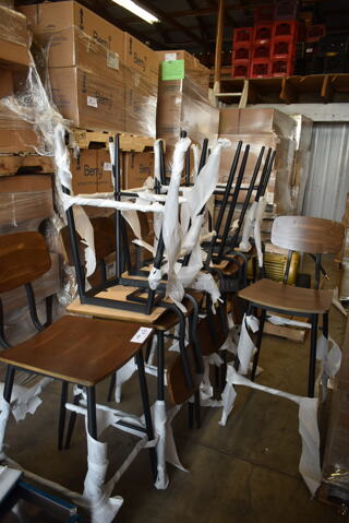 10 BRAND NEW SCRATCH AND DENT! Black Metal Bar Height Chairs w/ Wooden Seat and Back Rest. 10 Times Your Bid! 