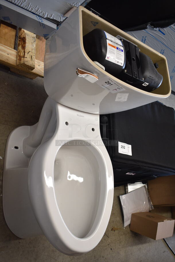 Sloan White Toilet w/ Tank. Missing Lid.  - Image 1 of 6