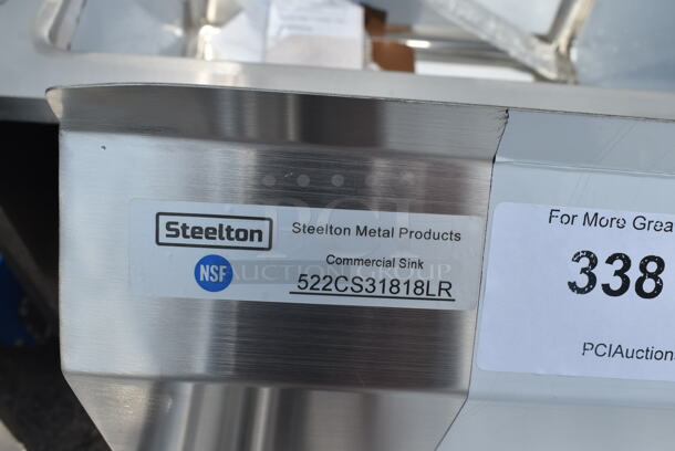 BRAND NEW SCRATCH AND DENT! Steelton 522CS31818LR 90" 18-Gauge Stainless Steel Three Compartment Commercial Sink with 2 Drainboards - 18" x 18" x 12" Bowls. No Legs.  - Image 9 of 9