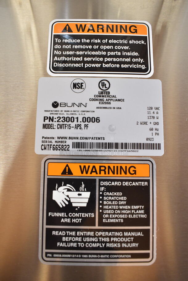 BRAND NEW SCRATCH AND DENT! 2023 Bunn CWTF15-APS 23001.0006 Stainless Steel Commercial Countertop Automatic Airpot Coffee Brewer with Hot Water Faucet. 120 Volts, 1 Phase.   - Image 3 of 3