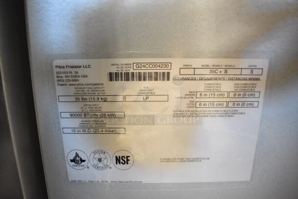 BRAND NEW SCRATCH AND DENT! 2024 Pitco Frialator 35C+S Stainless Steel Commercial Floor Style Liquid Propane 35-40 lb. Stainless Steel Floor Fryer w/ 2 Metal Fry Baskets. 90,000 BTU.  - Image 8 of 8