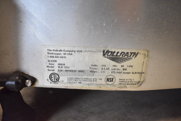 Vollrath SLR 7012 40849 Stainless Steel Commercial Countertop Meat Slicer w/ Blade Sharpener. 115 Volts, 1 Phase. Tested and Working! - Image 2 of 5