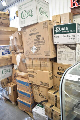 PALLET LOT of 35 BRAND NEW Boxes Including 394365L Noble Products Powder-Free Disposable Clear Vinyl Gloves for Foodservice - Large - 1000/Case, 347SP10WH Visions Florence 10" Square White Plastic Plate - 120/Case, 5008W Choice 8 oz. Tall White Poly Paper Hot Cup - 1000/Case, 2 Box 129MCR32B Choice 32 oz. Black Round Microwavable Heavy Weight Container with Lid 7 1/4" - 150/Case, 394365XL Noble Products Powder-Free Disposable Clear Vinyl Gloves for Foodservice - Extra Large - 1000/Case, 500CC16 Choice Clear PET Customizable Plastic Cold Cup - 16 oz. - 1000/Case, Arcoroc 43716 10 oz Nonic Tumbler, 966TALLFLDB Choice White Tall-Fold 6" x 13" Dispenser Napkin - 8000/Case, Dart 205HT1 White Foam Take Out Container with Perforated Hinged Lid 9" x 6" x 3" - 200/Case, 3 Box 5001RT800B Lavex 8" White Hardwound Paper Towel, 800 Feet / Roll - 6/Case, 395RP09 EcoChoice Compostable Sugarcane / Bagasse 9" Plate - 500/Case, 2 Box 8195 Lunch Tray, 02115 Bell Aire Multi Fold Towels, 2 Box 966UPWIDEB-500 OneUp by Choice White 2-Ply Wide Interfold 6 1/2" x 8 1/2" Dispenser Napkin - 6000/Case, 2 Box 347RP9WHSS Visions Wave 9" White Plastic Plate - 180/Case, 2 Box T Shirt Bags. 35 Times Your Bid!