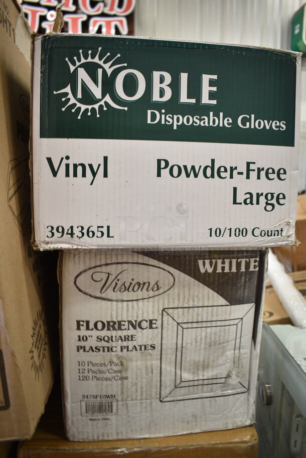 PALLET LOT of 35 BRAND NEW Boxes Including 394365L Noble Products Powder-Free Disposable Clear Vinyl Gloves for Foodservice - Large - 1000/Case, 347SP10WH Visions Florence 10" Square White Plastic Plate - 120/Case, 5008W Choice 8 oz. Tall White Poly Paper Hot Cup - 1000/Case, 2 Box 129MCR32B Choice 32 oz. Black Round Microwavable Heavy Weight Container with Lid 7 1/4" - 150/Case, 394365XL Noble Products Powder-Free Disposable Clear Vinyl Gloves for Foodservice - Extra Large - 1000/Case, 500CC16 Choice Clear PET Customizable Plastic Cold Cup - 16 oz. - 1000/Case, Arcoroc 43716 10 oz Nonic Tumbler, 966TALLFLDB Choice White Tall-Fold 6" x 13" Dispenser Napkin - 8000/Case, Dart 205HT1 White Foam Take Out Container with Perforated Hinged Lid 9" x 6" x 3" - 200/Case, 3 Box 5001RT800B Lavex 8" White Hardwound Paper Towel, 800 Feet / Roll - 6/Case, 395RP09 EcoChoice Compostable Sugarcane / Bagasse 9" Plate - 500/Case, 2 Box 8195 Lunch Tray, 02115 Bell Aire Multi Fold Towels, 2 Box 966UPWIDEB-500 OneUp by Choice White 2-Ply Wide Interfold 6 1/2" x 8 1/2" Dispenser Napkin - 6000/Case, 2 Box 347RP9WHSS Visions Wave 9" White Plastic Plate - 180/Case, 2 Box T Shirt Bags. 35 Times Your Bid! - Image 2 of 12