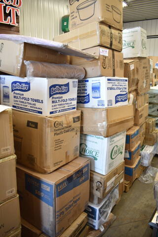 PALLET LOT of 35 BRAND NEW Boxes Including Choice 2 oz Portion Cups, 129MCR32B Choice 32 oz. Black Round Microwavable Heavy Weight Container with Lid 7 1/4" - 150/Case, 129MCS38B Choice 38 oz. Black Rectangular Microwavable Heavy Weight Container with Lid 8 3/4" x 6 1/4" x 2" - 150/Case, 2 Box Bell Aire 02115 Multi Fold Towels, 129MCS24B Choice 24 oz. Black Rectangular Microwavable Heavy Weight Container with Lid 8" x 5 1/4" x 2" - 150/Case, 500MFT Lavex White M-Fold (Multifold) Towel - 4000/Case, 347RP6WHSS Visions Wave 6" White Plastic Plate - 180/Case, Cambro PSB8176 1.67 Qt. Pebbled Serving/Salad Bowl, 2 Box T Shirt Bags, 500TW9 Choice 9 oz. Translucent Thin Wall Plastic Cold Cup - 2500/Case, 612TS4316 Choice Half Size Heavy-Duty Foil Steam Table Pan Extra-Deep 4 3/16" Depth - 100/Case, 3 Box Choice Plastic T Shirt Bags, 43309DPIE Choice 9" Clear Hinged High Dome Pie Container - 100/Case, 130WSPOON Choice Medium Weight White Plastic Teaspoon - 1000/Case. 35 Times Your Bid!