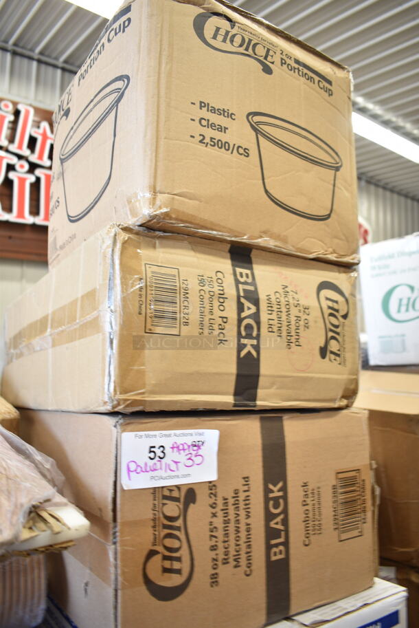 PALLET LOT of 35 BRAND NEW Boxes Including Choice 2 oz Portion Cups, 129MCR32B Choice 32 oz. Black Round Microwavable Heavy Weight Container with Lid 7 1/4" - 150/Case, 129MCS38B Choice 38 oz. Black Rectangular Microwavable Heavy Weight Container with Lid 8 3/4" x 6 1/4" x 2" - 150/Case, 2 Box Bell Aire 02115 Multi Fold Towels, 129MCS24B Choice 24 oz. Black Rectangular Microwavable Heavy Weight Container with Lid 8" x 5 1/4" x 2" - 150/Case, 500MFT Lavex White M-Fold (Multifold) Towel - 4000/Case, 347RP6WHSS Visions Wave 6" White Plastic Plate - 180/Case, Cambro PSB8176 1.67 Qt. Pebbled Serving/Salad Bowl, 2 Box T Shirt Bags, 500TW9 Choice 9 oz. Translucent Thin Wall Plastic Cold Cup - 2500/Case, 612TS4316 Choice Half Size Heavy-Duty Foil Steam Table Pan Extra-Deep 4 3/16" Depth - 100/Case, 3 Box Choice Plastic T Shirt Bags, 43309DPIE Choice 9" Clear Hinged High Dome Pie Container - 100/Case, 130WSPOON Choice Medium Weight White Plastic Teaspoon - 1000/Case. 35 Times Your Bid! - Image 2 of 12