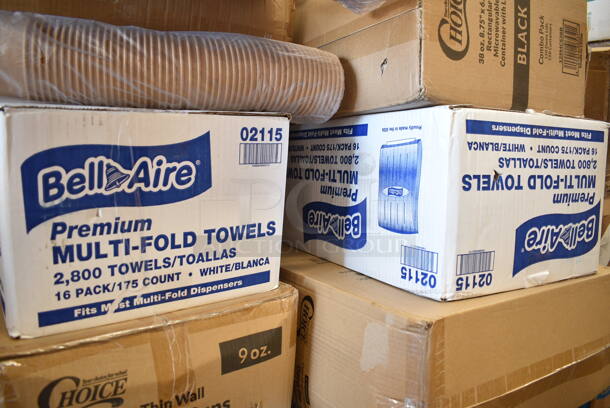 PALLET LOT of 35 BRAND NEW Boxes Including Choice 2 oz Portion Cups, 129MCR32B Choice 32 oz. Black Round Microwavable Heavy Weight Container with Lid 7 1/4" - 150/Case, 129MCS38B Choice 38 oz. Black Rectangular Microwavable Heavy Weight Container with Lid 8 3/4" x 6 1/4" x 2" - 150/Case, 2 Box Bell Aire 02115 Multi Fold Towels, 129MCS24B Choice 24 oz. Black Rectangular Microwavable Heavy Weight Container with Lid 8" x 5 1/4" x 2" - 150/Case, 500MFT Lavex White M-Fold (Multifold) Towel - 4000/Case, 347RP6WHSS Visions Wave 6" White Plastic Plate - 180/Case, Cambro PSB8176 1.67 Qt. Pebbled Serving/Salad Bowl, 2 Box T Shirt Bags, 500TW9 Choice 9 oz. Translucent Thin Wall Plastic Cold Cup - 2500/Case, 612TS4316 Choice Half Size Heavy-Duty Foil Steam Table Pan Extra-Deep 4 3/16" Depth - 100/Case, 3 Box Choice Plastic T Shirt Bags, 43309DPIE Choice 9" Clear Hinged High Dome Pie Container - 100/Case, 130WSPOON Choice Medium Weight White Plastic Teaspoon - 1000/Case. 35 Times Your Bid! - Image 3 of 12