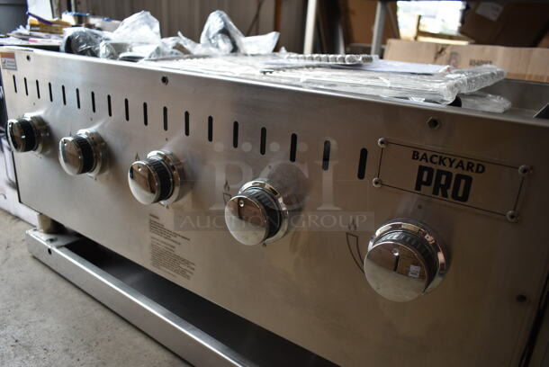 BRAND NEW SCRATCH AND DENT! 2022 Backyard Pro 554LPG36 Stainless Steel Commercial Floor Style Propane Gas Powered Outdoor Grill w/ Flat Top Griddle Attachment and Under Shelf on Commercial Casters. - Image 7 of 8