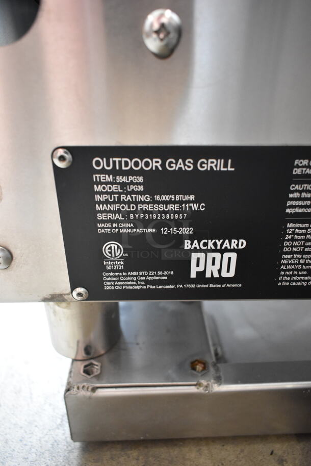 BRAND NEW SCRATCH AND DENT! 2022 Backyard Pro 554LPG36 Stainless Steel Commercial Floor Style Propane Gas Powered Outdoor Grill w/ Flat Top Griddle Attachment and Under Shelf on Commercial Casters. - Image 8 of 8