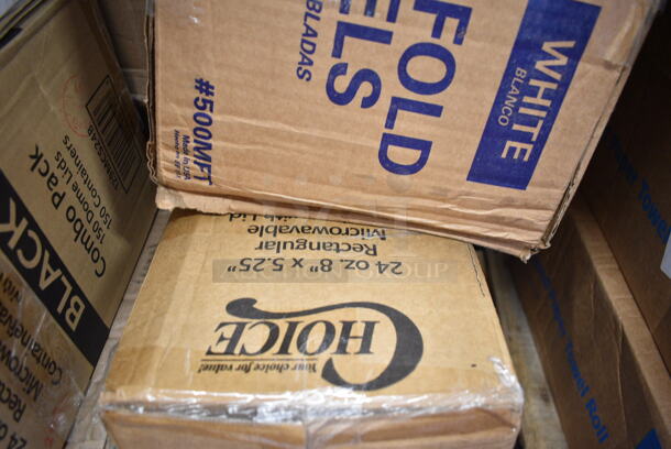 PALLET LOT of 35 BRAND NEW Boxes Including Choice 2 oz Portion Cups, 129MCR32B Choice 32 oz. Black Round Microwavable Heavy Weight Container with Lid 7 1/4" - 150/Case, 129MCS38B Choice 38 oz. Black Rectangular Microwavable Heavy Weight Container with Lid 8 3/4" x 6 1/4" x 2" - 150/Case, 2 Box Bell Aire 02115 Multi Fold Towels, 129MCS24B Choice 24 oz. Black Rectangular Microwavable Heavy Weight Container with Lid 8" x 5 1/4" x 2" - 150/Case, 500MFT Lavex White M-Fold (Multifold) Towel - 4000/Case, 347RP6WHSS Visions Wave 6" White Plastic Plate - 180/Case, Cambro PSB8176 1.67 Qt. Pebbled Serving/Salad Bowl, 2 Box T Shirt Bags, 500TW9 Choice 9 oz. Translucent Thin Wall Plastic Cold Cup - 2500/Case, 612TS4316 Choice Half Size Heavy-Duty Foil Steam Table Pan Extra-Deep 4 3/16" Depth - 100/Case, 3 Box Choice Plastic T Shirt Bags, 43309DPIE Choice 9" Clear Hinged High Dome Pie Container - 100/Case, 130WSPOON Choice Medium Weight White Plastic Teaspoon - 1000/Case. 35 Times Your Bid! - Image 8 of 12