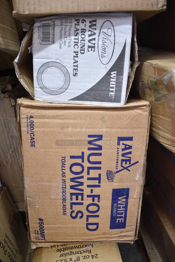 PALLET LOT of 35 BRAND NEW Boxes Including Choice 2 oz Portion Cups, 129MCR32B Choice 32 oz. Black Round Microwavable Heavy Weight Container with Lid 7 1/4" - 150/Case, 129MCS38B Choice 38 oz. Black Rectangular Microwavable Heavy Weight Container with Lid 8 3/4" x 6 1/4" x 2" - 150/Case, 2 Box Bell Aire 02115 Multi Fold Towels, 129MCS24B Choice 24 oz. Black Rectangular Microwavable Heavy Weight Container with Lid 8" x 5 1/4" x 2" - 150/Case, 500MFT Lavex White M-Fold (Multifold) Towel - 4000/Case, 347RP6WHSS Visions Wave 6" White Plastic Plate - 180/Case, Cambro PSB8176 1.67 Qt. Pebbled Serving/Salad Bowl, 2 Box T Shirt Bags, 500TW9 Choice 9 oz. Translucent Thin Wall Plastic Cold Cup - 2500/Case, 612TS4316 Choice Half Size Heavy-Duty Foil Steam Table Pan Extra-Deep 4 3/16" Depth - 100/Case, 3 Box Choice Plastic T Shirt Bags, 43309DPIE Choice 9" Clear Hinged High Dome Pie Container - 100/Case, 130WSPOON Choice Medium Weight White Plastic Teaspoon - 1000/Case. 35 Times Your Bid! - Image 9 of 12