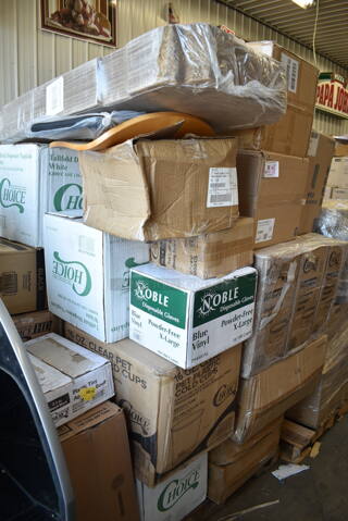 PALLET LOT of 28 BRAND NEW Boxes Including 1500050 Kari-Out Company 1/4 lb. Square Glassine Bag - 1000/Case, 5008W Choice 8 oz. Tall White Poly Paper Hot Cup - 1000/Case, 3 Box 127RD8BULK Choice 8 oz. Customizable Microwavable Translucent Round Deli Container - 500/Case, 2 Box 395RP09 EcoChoice Compostable Sugarcane / Bagasse 9" Plate - 500/Case, 50012C Choice 12 oz. Coffee Print Poly Paper Hot Cup - 1000/Case, 43309HCAKE Choice 9" High Dome Cake Display Container, 130LID12 Visions 12" Clear PET Plastic Round Catering Tray High Dome Lid, 612LOB1LB Choice Oblong Foil-Laminated Board Lid for 1 lb. Foil Take-Out Container - 1000/Case, 966TALLFLDB Choice White Tall-Fold 6" x 13" Dispenser Napkin - 8000/Case, 347RTB3BK Choice 2.5 oz. Black Round Plastic Mini Bowl - 200/Case, 3 Box 128HD8COMBO  ChoiceHD 8 oz. Microwavable Translucent Plastic Deli Container and Lid Combo Pack - 240/Case, 129MCS242CB Choice 30 oz. Black 8 3/4" x 6" x 2 3/4" 2-Compartment Rectangular Microwavable Heavy Weight Container with Lid - 150/Case, 245CPB14 PRINT Pizza Boxes, 2 Boxes Cambro PSB8176 1.67 Qt. Pebbled Serving/Salad Bowl. 28 Times Your Bid!