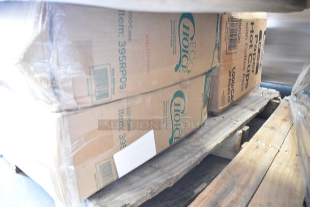 PALLET LOT of 28 BRAND NEW Boxes Including 1500050 Kari-Out Company 1/4 lb. Square Glassine Bag - 1000/Case, 5008W Choice 8 oz. Tall White Poly Paper Hot Cup - 1000/Case, 3 Box 127RD8BULK Choice 8 oz. Customizable Microwavable Translucent Round Deli Container - 500/Case, 2 Box 395RP09 EcoChoice Compostable Sugarcane / Bagasse 9" Plate - 500/Case, 50012C Choice 12 oz. Coffee Print Poly Paper Hot Cup - 1000/Case, 43309HCAKE Choice 9" High Dome Cake Display Container, 130LID12 Visions 12" Clear PET Plastic Round Catering Tray High Dome Lid, 612LOB1LB Choice Oblong Foil-Laminated Board Lid for 1 lb. Foil Take-Out Container - 1000/Case, 966TALLFLDB Choice White Tall-Fold 6" x 13" Dispenser Napkin - 8000/Case, 347RTB3BK Choice 2.5 oz. Black Round Plastic Mini Bowl - 200/Case, 3 Box 128HD8COMBO  ChoiceHD 8 oz. Microwavable Translucent Plastic Deli Container and Lid Combo Pack - 240/Case, 129MCS242CB Choice 30 oz. Black 8 3/4" x 6" x 2 3/4" 2-Compartment Rectangular Microwavable Heavy Weight Container with Lid - 150/Case, 245CPB14 PRINT Pizza Boxes, 2 Boxes Cambro PSB8176 1.67 Qt. Pebbled Serving/Salad Bowl. 28 Times Your Bid! - Image 6 of 12