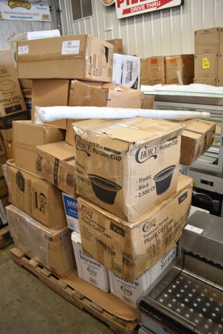 PALLET LOT of 25 BRAND NEW Boxes Including 346WKFSNM Choice Medium Weight White Wrapped Plastic Cutlery Set with Napkin - 250/Case, 966TALLFLDB Choice White Tall-Fold 6" x 13" Dispenser Napkin - 8000/Case, 2 Box 129MCR38B Choice 38 oz. Black Round Microwavable Heavy Weight Container with Lid - 150/Case, 2 Box Choice Neon Jumbo Straws, 127P325B Choice 3.25 oz. Black Plastic Souffle Cup / Portion Cup - 2500/Case, 500TW7 Choice 7 oz. Translucent Thin Wall Plastic Cold Cup - 2500/Case, 3946203XL Lavex Pro Nitrile Orange 6 Mil Heavy-Duty Powder-Free Diamond-Textured Gloves - Extra Large - 1000/Case, 63055-0075 12" Catering Tray, 5008C Choice 8 oz. Tall Coffee Print Poly Paper Hot Cup - 1000/Case, Choice #4 Paper Food Containers, 130HBKCUTFW Choice Black Heavy Weight Wrapped Plastic Fork - 1000/Case. 25 Times Your Bid! 