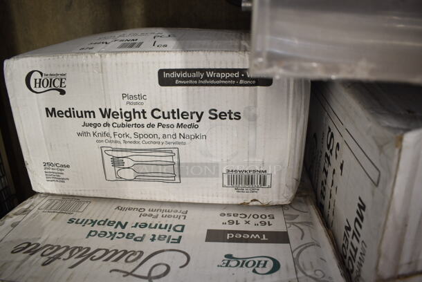 PALLET LOT of 25 BRAND NEW Boxes Including 346WKFSNM Choice Medium Weight White Wrapped Plastic Cutlery Set with Napkin - 250/Case, 966TALLFLDB Choice White Tall-Fold 6" x 13" Dispenser Napkin - 8000/Case, 2 Box 129MCR38B Choice 38 oz. Black Round Microwavable Heavy Weight Container with Lid - 150/Case, 2 Box Choice Neon Jumbo Straws, 127P325B Choice 3.25 oz. Black Plastic Souffle Cup / Portion Cup - 2500/Case, 500TW7 Choice 7 oz. Translucent Thin Wall Plastic Cold Cup - 2500/Case, 3946203XL Lavex Pro Nitrile Orange 6 Mil Heavy-Duty Powder-Free Diamond-Textured Gloves - Extra Large - 1000/Case, 63055-0075 12" Catering Tray, 5008C Choice 8 oz. Tall Coffee Print Poly Paper Hot Cup - 1000/Case, Choice #4 Paper Food Containers, 130HBKCUTFW Choice Black Heavy Weight Wrapped Plastic Fork - 1000/Case. 25 Times Your Bid!  - Image 3 of 12