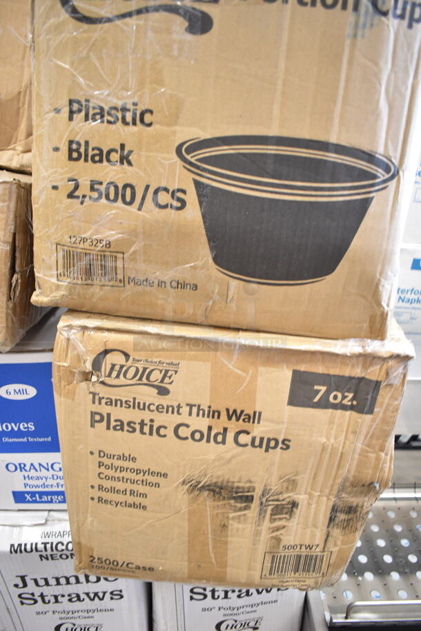 PALLET LOT of 25 BRAND NEW Boxes Including 346WKFSNM Choice Medium Weight White Wrapped Plastic Cutlery Set with Napkin - 250/Case, 966TALLFLDB Choice White Tall-Fold 6" x 13" Dispenser Napkin - 8000/Case, 2 Box 129MCR38B Choice 38 oz. Black Round Microwavable Heavy Weight Container with Lid - 150/Case, 2 Box Choice Neon Jumbo Straws, 127P325B Choice 3.25 oz. Black Plastic Souffle Cup / Portion Cup - 2500/Case, 500TW7 Choice 7 oz. Translucent Thin Wall Plastic Cold Cup - 2500/Case, 3946203XL Lavex Pro Nitrile Orange 6 Mil Heavy-Duty Powder-Free Diamond-Textured Gloves - Extra Large - 1000/Case, 63055-0075 12" Catering Tray, 5008C Choice 8 oz. Tall Coffee Print Poly Paper Hot Cup - 1000/Case, Choice #4 Paper Food Containers, 130HBKCUTFW Choice Black Heavy Weight Wrapped Plastic Fork - 1000/Case. 25 Times Your Bid!  - Image 7 of 12