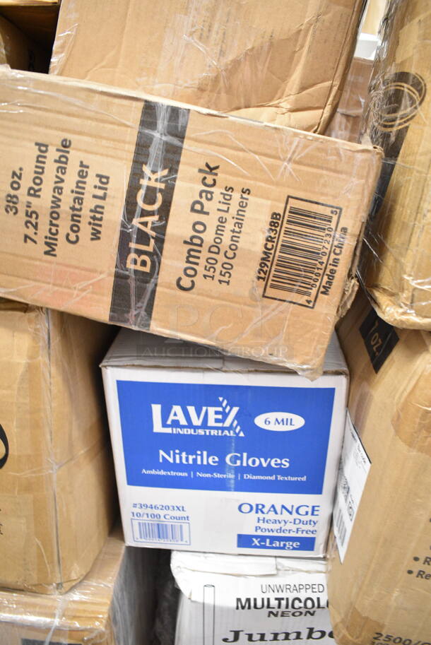 PALLET LOT of 25 BRAND NEW Boxes Including 346WKFSNM Choice Medium Weight White Wrapped Plastic Cutlery Set with Napkin - 250/Case, 966TALLFLDB Choice White Tall-Fold 6" x 13" Dispenser Napkin - 8000/Case, 2 Box 129MCR38B Choice 38 oz. Black Round Microwavable Heavy Weight Container with Lid - 150/Case, 2 Box Choice Neon Jumbo Straws, 127P325B Choice 3.25 oz. Black Plastic Souffle Cup / Portion Cup - 2500/Case, 500TW7 Choice 7 oz. Translucent Thin Wall Plastic Cold Cup - 2500/Case, 3946203XL Lavex Pro Nitrile Orange 6 Mil Heavy-Duty Powder-Free Diamond-Textured Gloves - Extra Large - 1000/Case, 63055-0075 12" Catering Tray, 5008C Choice 8 oz. Tall Coffee Print Poly Paper Hot Cup - 1000/Case, Choice #4 Paper Food Containers, 130HBKCUTFW Choice Black Heavy Weight Wrapped Plastic Fork - 1000/Case. 25 Times Your Bid!  - Image 8 of 12