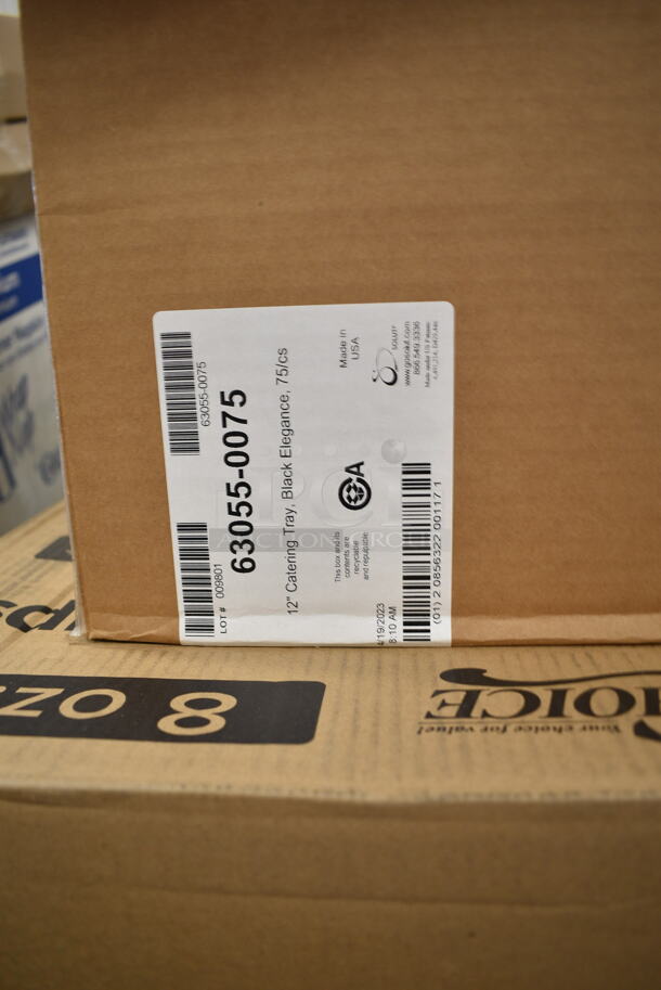 PALLET LOT of 25 BRAND NEW Boxes Including 346WKFSNM Choice Medium Weight White Wrapped Plastic Cutlery Set with Napkin - 250/Case, 966TALLFLDB Choice White Tall-Fold 6" x 13" Dispenser Napkin - 8000/Case, 2 Box 129MCR38B Choice 38 oz. Black Round Microwavable Heavy Weight Container with Lid - 150/Case, 2 Box Choice Neon Jumbo Straws, 127P325B Choice 3.25 oz. Black Plastic Souffle Cup / Portion Cup - 2500/Case, 500TW7 Choice 7 oz. Translucent Thin Wall Plastic Cold Cup - 2500/Case, 3946203XL Lavex Pro Nitrile Orange 6 Mil Heavy-Duty Powder-Free Diamond-Textured Gloves - Extra Large - 1000/Case, 63055-0075 12" Catering Tray, 5008C Choice 8 oz. Tall Coffee Print Poly Paper Hot Cup - 1000/Case, Choice #4 Paper Food Containers, 130HBKCUTFW Choice Black Heavy Weight Wrapped Plastic Fork - 1000/Case. 25 Times Your Bid!  - Image 10 of 12