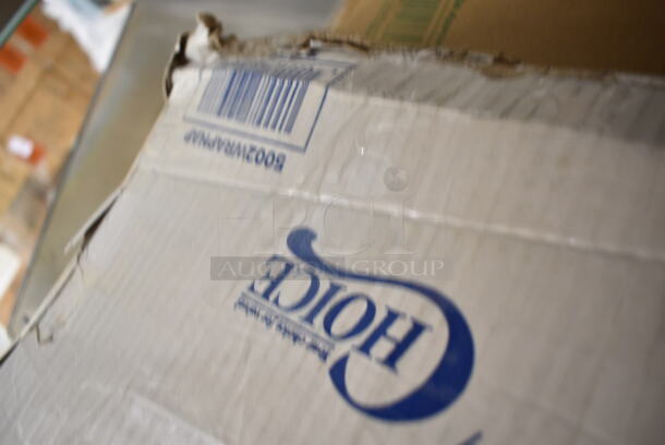 PALLET LOT of 38 BRAND NEW Boxes Including 395OP10 EcoChoice Compostable Sugarcane / Bagasse 7 1/2" x 10" Oval Platter - 500/Case, 5002WRAPNAP Choice WrapNap White 1/4 Fold 2-Ply Dinner Napkin 16" x 16" - 3000/Case, 966TALLFLDB  Choice White Tall-Fold 6" x 13" Dispenser Napkin - 8000/Case, 130TRAY18 Visions Black PET Plastic 18" Thermoform Catering / Deli Tray - 25/Case, 612TARTP4 Baker's Mark 4 1/4" Foil Tart Pan - 1000/Case, 130TONG10BLK Visions 10 1/2" Black Disposable Plastic Tongs - 36/Case, 129MCR24B Choice 24 oz. Black Round Microwavable Heavy Weight Container with Lid 7 1/4" - 150/Case, 128HD16COMBO ChoiceHD 16 oz. Microwavable Translucent Plastic Deli Container and Lid Combo Pack - 240/Case, 760SOUP12WPA Choice 12 oz. White Double Poly-Coated Paper Food Cup with Vented Paper Lid - 250/Case, 130ROLLKFSSH Visions 18" x 15 1/2" Pre-Rolled Linen-Feel White Napkin and Hammersmith Heavy Weight Silver Plastic Cutlery Set - 100/Case, 164TCLWDGY30 Antique Gray Table Leg Post, 176CHPHOLDBK Choice Black Stainless Steel 3-Compartment Flatware / Chopstick Organizer, 5001RT800B Lavex 8" White Hardwound Paper Towel, 800 Feet / Roll - 6/Case, Solo Ultra Clear™ TP12 12 oz Customizable. Practical Fill Clear PET Plastic Cold Cup - 1000/Case, American Metalcraft 18914P 14" Perforated Pizza Disk. 38 Times Your Bid!  - Image 5 of 12