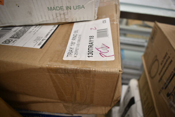 PALLET LOT of 38 BRAND NEW Boxes Including 395OP10 EcoChoice Compostable Sugarcane / Bagasse 7 1/2" x 10" Oval Platter - 500/Case, 5002WRAPNAP Choice WrapNap White 1/4 Fold 2-Ply Dinner Napkin 16" x 16" - 3000/Case, 966TALLFLDB  Choice White Tall-Fold 6" x 13" Dispenser Napkin - 8000/Case, 130TRAY18 Visions Black PET Plastic 18" Thermoform Catering / Deli Tray - 25/Case, 612TARTP4 Baker's Mark 4 1/4" Foil Tart Pan - 1000/Case, 130TONG10BLK Visions 10 1/2" Black Disposable Plastic Tongs - 36/Case, 129MCR24B Choice 24 oz. Black Round Microwavable Heavy Weight Container with Lid 7 1/4" - 150/Case, 128HD16COMBO ChoiceHD 16 oz. Microwavable Translucent Plastic Deli Container and Lid Combo Pack - 240/Case, 760SOUP12WPA Choice 12 oz. White Double Poly-Coated Paper Food Cup with Vented Paper Lid - 250/Case, 130ROLLKFSSH Visions 18" x 15 1/2" Pre-Rolled Linen-Feel White Napkin and Hammersmith Heavy Weight Silver Plastic Cutlery Set - 100/Case, 164TCLWDGY30 Antique Gray Table Leg Post, 176CHPHOLDBK Choice Black Stainless Steel 3-Compartment Flatware / Chopstick Organizer, 5001RT800B Lavex 8" White Hardwound Paper Towel, 800 Feet / Roll - 6/Case, Solo Ultra Clear™ TP12 12 oz Customizable. Practical Fill Clear PET Plastic Cold Cup - 1000/Case, American Metalcraft 18914P 14" Perforated Pizza Disk. 38 Times Your Bid!  - Image 7 of 12