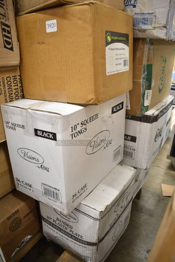 PALLET LOT of 38 BRAND NEW Boxes Including 395OP10 EcoChoice Compostable Sugarcane / Bagasse 7 1/2" x 10" Oval Platter - 500/Case, 5002WRAPNAP Choice WrapNap White 1/4 Fold 2-Ply Dinner Napkin 16" x 16" - 3000/Case, 966TALLFLDB  Choice White Tall-Fold 6" x 13" Dispenser Napkin - 8000/Case, 130TRAY18 Visions Black PET Plastic 18" Thermoform Catering / Deli Tray - 25/Case, 612TARTP4 Baker's Mark 4 1/4" Foil Tart Pan - 1000/Case, 130TONG10BLK Visions 10 1/2" Black Disposable Plastic Tongs - 36/Case, 129MCR24B Choice 24 oz. Black Round Microwavable Heavy Weight Container with Lid 7 1/4" - 150/Case, 128HD16COMBO ChoiceHD 16 oz. Microwavable Translucent Plastic Deli Container and Lid Combo Pack - 240/Case, 760SOUP12WPA Choice 12 oz. White Double Poly-Coated Paper Food Cup with Vented Paper Lid - 250/Case, 130ROLLKFSSH Visions 18" x 15 1/2" Pre-Rolled Linen-Feel White Napkin and Hammersmith Heavy Weight Silver Plastic Cutlery Set - 100/Case, 164TCLWDGY30 Antique Gray Table Leg Post, 176CHPHOLDBK Choice Black Stainless Steel 3-Compartment Flatware / Chopstick Organizer, 5001RT800B Lavex 8" White Hardwound Paper Towel, 800 Feet / Roll - 6/Case, Solo Ultra Clear™ TP12 12 oz Customizable. Practical Fill Clear PET Plastic Cold Cup - 1000/Case, American Metalcraft 18914P 14" Perforated Pizza Disk. 38 Times Your Bid!  - Image 9 of 12