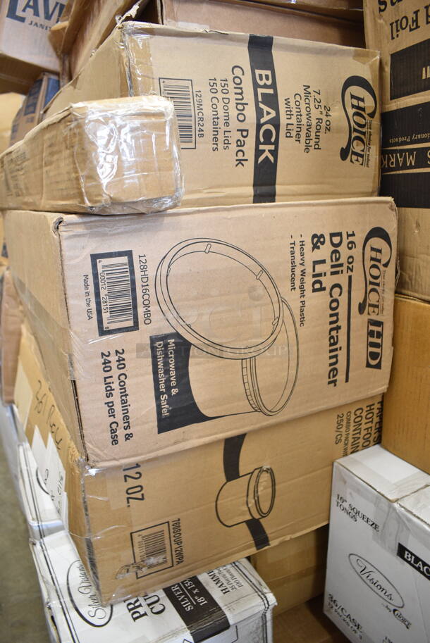 PALLET LOT of 38 BRAND NEW Boxes Including 395OP10 EcoChoice Compostable Sugarcane / Bagasse 7 1/2" x 10" Oval Platter - 500/Case, 5002WRAPNAP Choice WrapNap White 1/4 Fold 2-Ply Dinner Napkin 16" x 16" - 3000/Case, 966TALLFLDB  Choice White Tall-Fold 6" x 13" Dispenser Napkin - 8000/Case, 130TRAY18 Visions Black PET Plastic 18" Thermoform Catering / Deli Tray - 25/Case, 612TARTP4 Baker's Mark 4 1/4" Foil Tart Pan - 1000/Case, 130TONG10BLK Visions 10 1/2" Black Disposable Plastic Tongs - 36/Case, 129MCR24B Choice 24 oz. Black Round Microwavable Heavy Weight Container with Lid 7 1/4" - 150/Case, 128HD16COMBO ChoiceHD 16 oz. Microwavable Translucent Plastic Deli Container and Lid Combo Pack - 240/Case, 760SOUP12WPA Choice 12 oz. White Double Poly-Coated Paper Food Cup with Vented Paper Lid - 250/Case, 130ROLLKFSSH Visions 18" x 15 1/2" Pre-Rolled Linen-Feel White Napkin and Hammersmith Heavy Weight Silver Plastic Cutlery Set - 100/Case, 164TCLWDGY30 Antique Gray Table Leg Post, 176CHPHOLDBK Choice Black Stainless Steel 3-Compartment Flatware / Chopstick Organizer, 5001RT800B Lavex 8" White Hardwound Paper Towel, 800 Feet / Roll - 6/Case, Solo Ultra Clear™ TP12 12 oz Customizable. Practical Fill Clear PET Plastic Cold Cup - 1000/Case, American Metalcraft 18914P 14" Perforated Pizza Disk. 38 Times Your Bid!  - Image 10 of 12