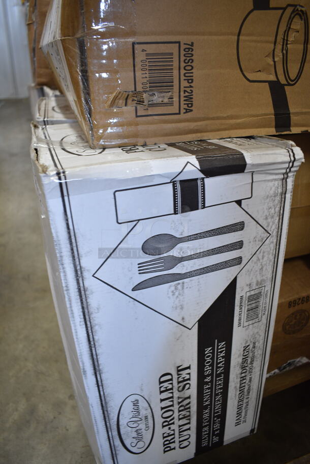 PALLET LOT of 38 BRAND NEW Boxes Including 395OP10 EcoChoice Compostable Sugarcane / Bagasse 7 1/2" x 10" Oval Platter - 500/Case, 5002WRAPNAP Choice WrapNap White 1/4 Fold 2-Ply Dinner Napkin 16" x 16" - 3000/Case, 966TALLFLDB  Choice White Tall-Fold 6" x 13" Dispenser Napkin - 8000/Case, 130TRAY18 Visions Black PET Plastic 18" Thermoform Catering / Deli Tray - 25/Case, 612TARTP4 Baker's Mark 4 1/4" Foil Tart Pan - 1000/Case, 130TONG10BLK Visions 10 1/2" Black Disposable Plastic Tongs - 36/Case, 129MCR24B Choice 24 oz. Black Round Microwavable Heavy Weight Container with Lid 7 1/4" - 150/Case, 128HD16COMBO ChoiceHD 16 oz. Microwavable Translucent Plastic Deli Container and Lid Combo Pack - 240/Case, 760SOUP12WPA Choice 12 oz. White Double Poly-Coated Paper Food Cup with Vented Paper Lid - 250/Case, 130ROLLKFSSH Visions 18" x 15 1/2" Pre-Rolled Linen-Feel White Napkin and Hammersmith Heavy Weight Silver Plastic Cutlery Set - 100/Case, 164TCLWDGY30 Antique Gray Table Leg Post, 176CHPHOLDBK Choice Black Stainless Steel 3-Compartment Flatware / Chopstick Organizer, 5001RT800B Lavex 8" White Hardwound Paper Towel, 800 Feet / Roll - 6/Case, Solo Ultra Clear™ TP12 12 oz Customizable. Practical Fill Clear PET Plastic Cold Cup - 1000/Case, American Metalcraft 18914P 14" Perforated Pizza Disk. 38 Times Your Bid!  - Image 11 of 12